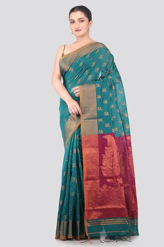 sea green handloom cotton bleand saree with blouse piece