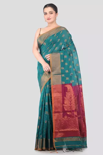 sea green handloom cotton bleand saree with blouse piece