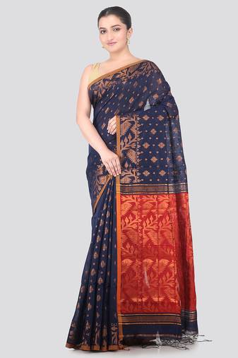 blue handloom cotton bleand saree with blouse piece