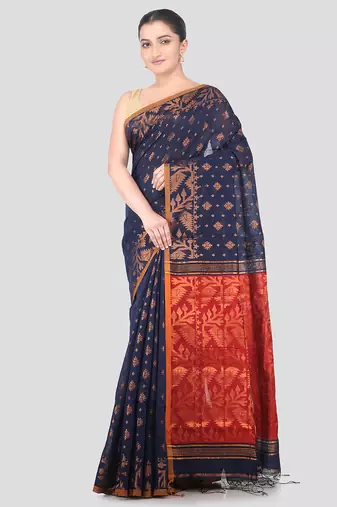 blue handloom cotton bleand saree with blouse piece