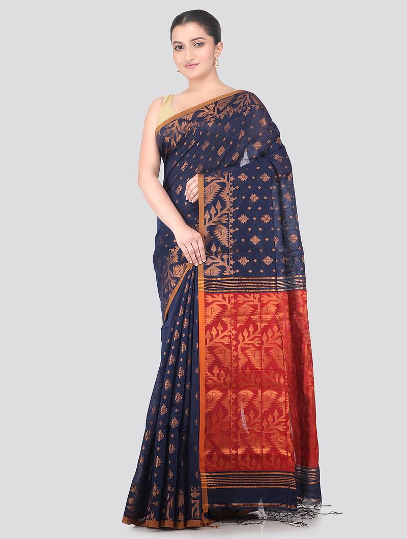blue handloom cotton bleand saree with blouse piece
