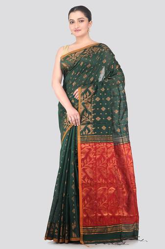 green handloom cotton blend saree with blouse piece