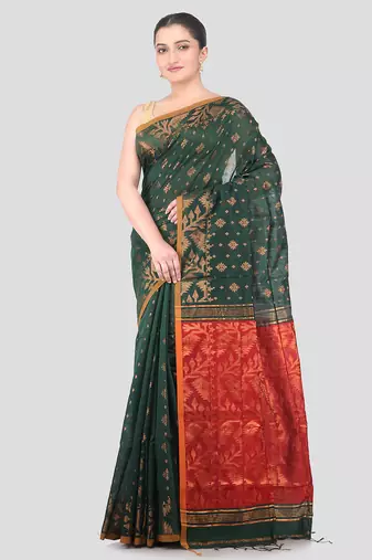 green handloom cotton blend saree with blouse piece