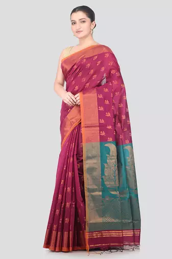 magenta handloom cotton bleand saree with blouse piece
