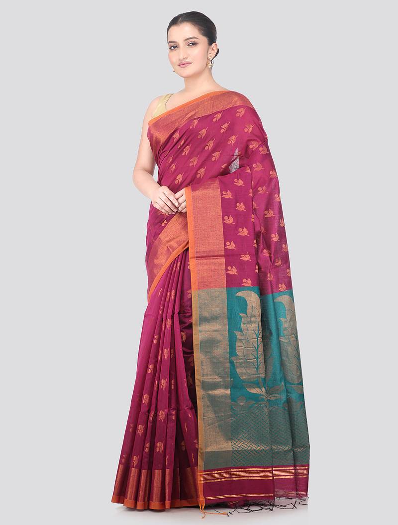 magenta handloom cotton bleand saree with blouse piece