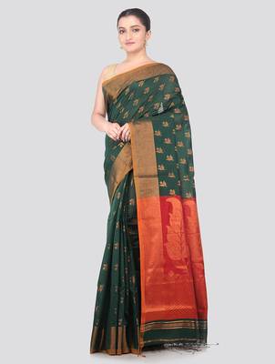 green handloom cotton bleand saree with blouse piece 1