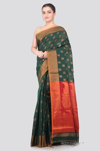 green handloom cotton bleand saree with blouse piece