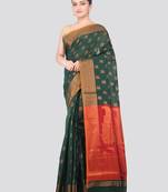 green handloom cotton bleand saree with blouse piece