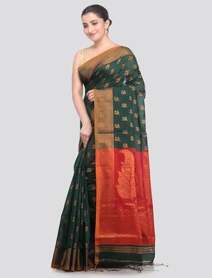 green handloom cotton bleand saree with blouse piece 2