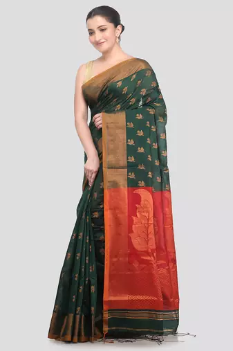 green handloom cotton bleand saree with blouse piece