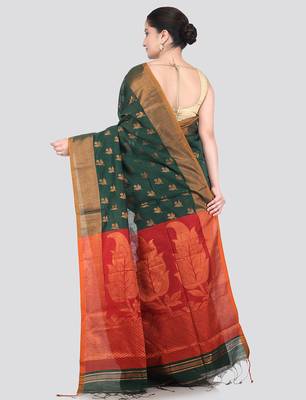 green handloom cotton bleand saree with blouse piece 3
