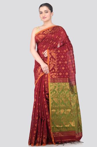 maroon handloom cotton bleand saree with blouse piece