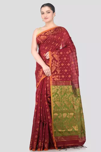 maroon handloom cotton bleand saree with blouse piece