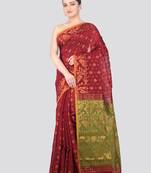 maroon handloom cotton bleand saree with blouse piece