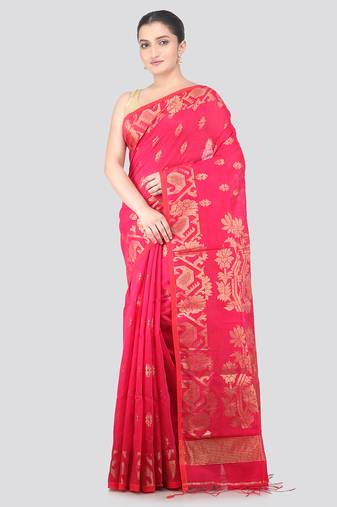pink handloom cotton bleand saree with blouse piece
