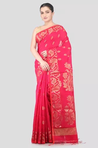 pink handloom cotton bleand saree with blouse piece