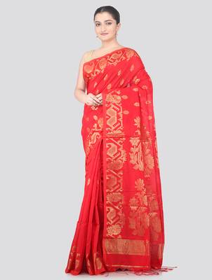 red handloom cotton bleand saree with blouse piece 1