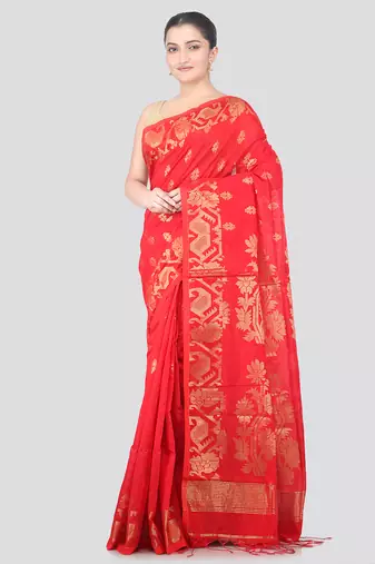red handloom cotton bleand saree with blouse piece