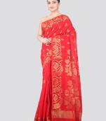 red handloom cotton bleand saree with blouse piece