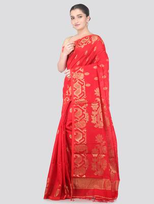 red handloom cotton bleand saree with blouse piece 2