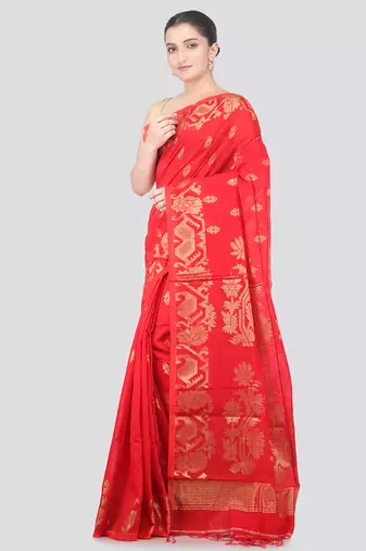 red handloom cotton bleand saree with blouse piece