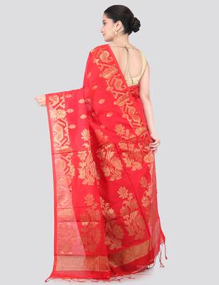 red handloom cotton bleand saree with blouse piece 3
