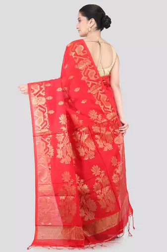 red handloom cotton bleand saree with blouse piece