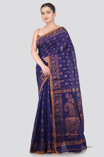 blue handloom cotton bleand saree with blouse piece