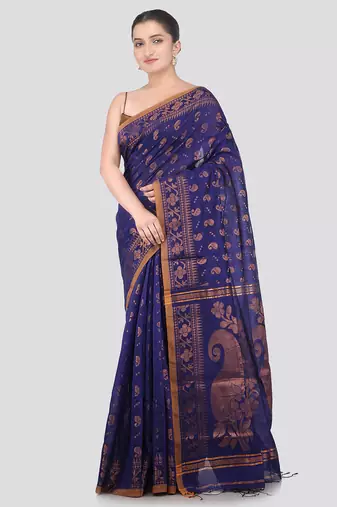 blue handloom cotton bleand saree with blouse piece