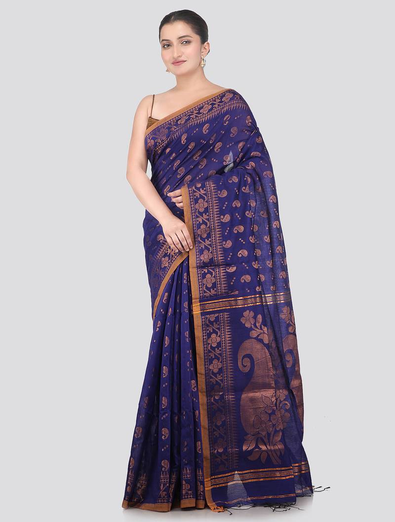 blue handloom cotton bleand saree with blouse piece