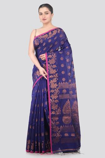 blue handloom cotton bleand saree with blouse piece