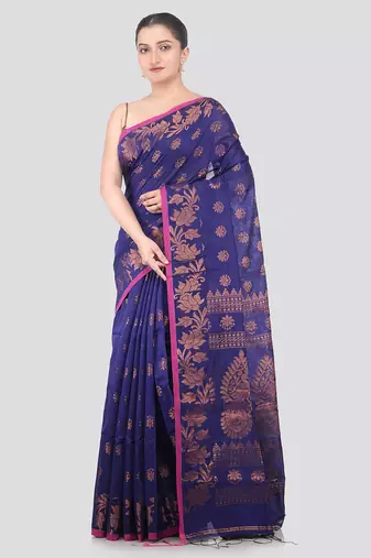 blue handloom cotton bleand saree with blouse piece