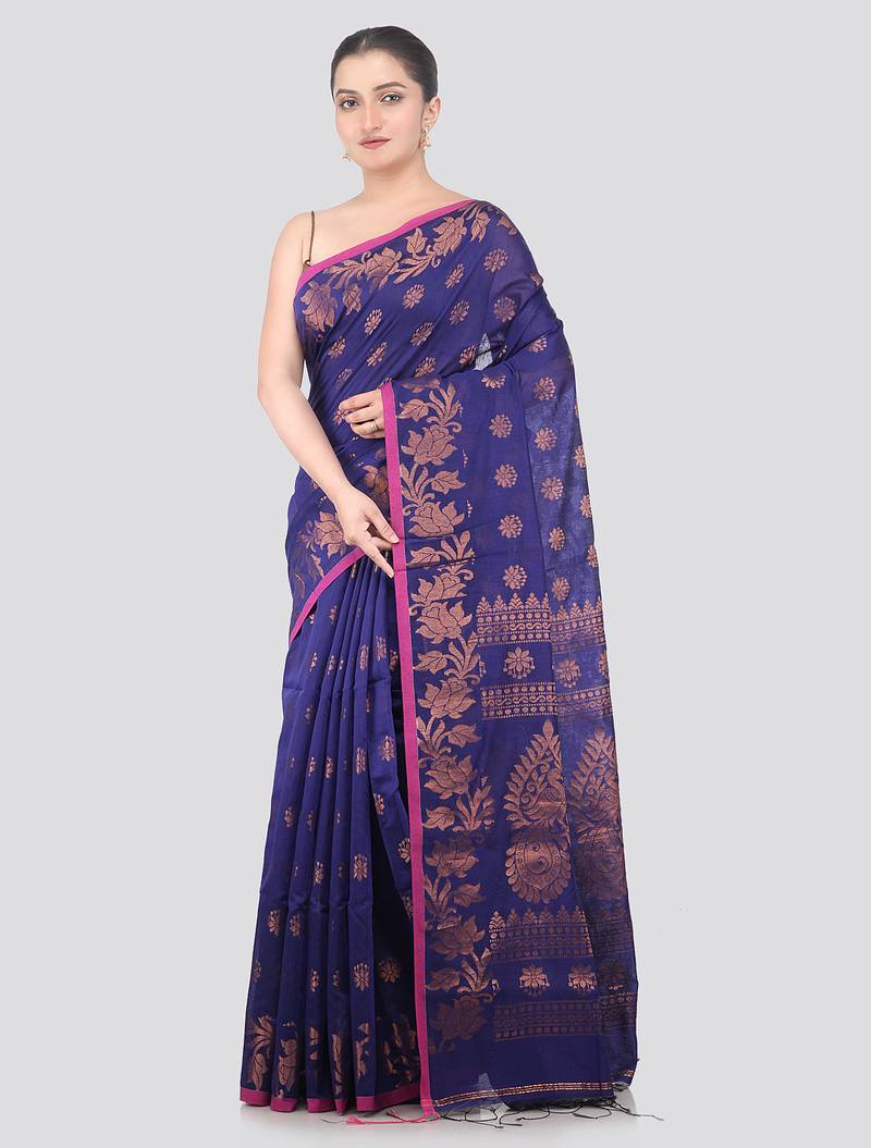 blue handloom cotton bleand saree with blouse piece