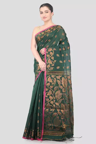 green handloom cotton bleand saree with blouse piece