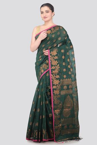 green handloom cotton bleand saree with blouse piece