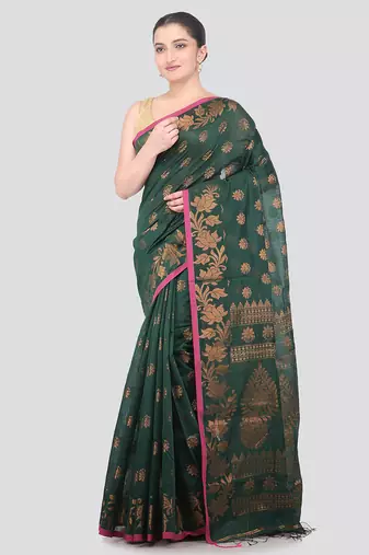 green handloom cotton bleand saree with blouse piece
