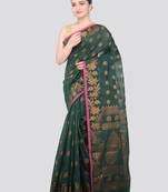 green handloom cotton bleand saree with blouse piece