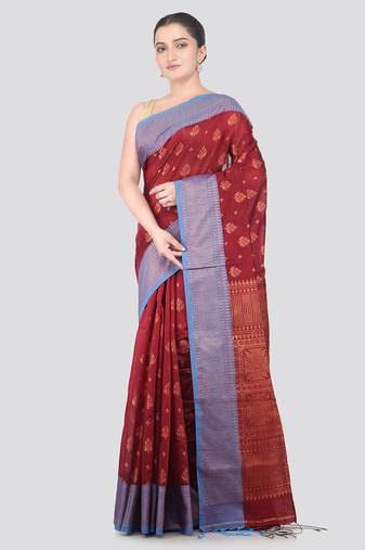 maroon handloom cotton bleand saree with blouse piece