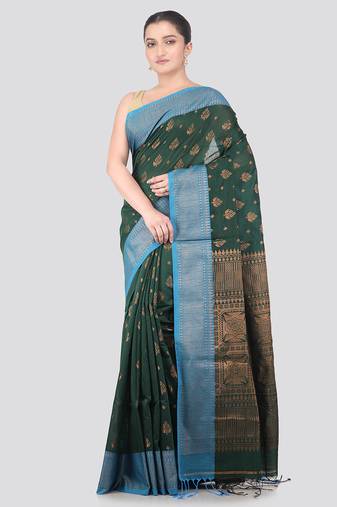 green handloom cotton bleand saree with blouse piece