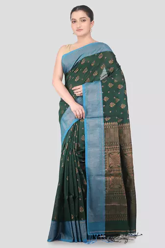 green handloom cotton bleand saree with blouse piece