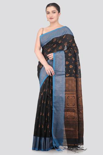 black handloom cotton bleand saree with blouse piece