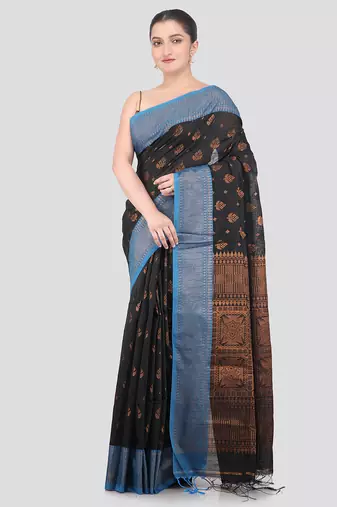 black handloom cotton bleand saree with blouse piece