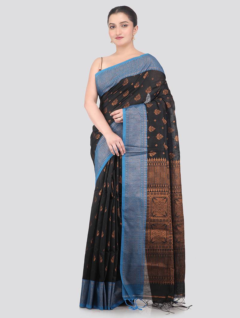black handloom cotton bleand saree with blouse piece