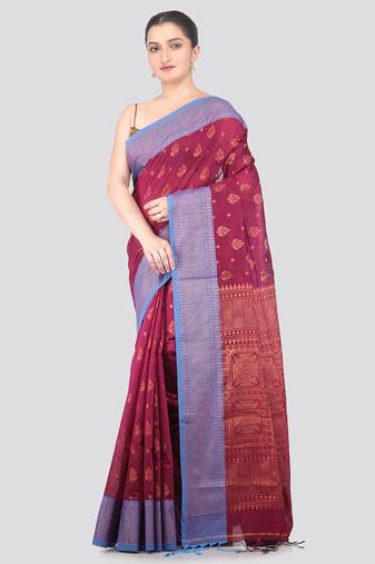 magenta handloom cotton bleand saree with blouse piece