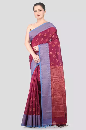magenta handloom cotton bleand saree with blouse piece