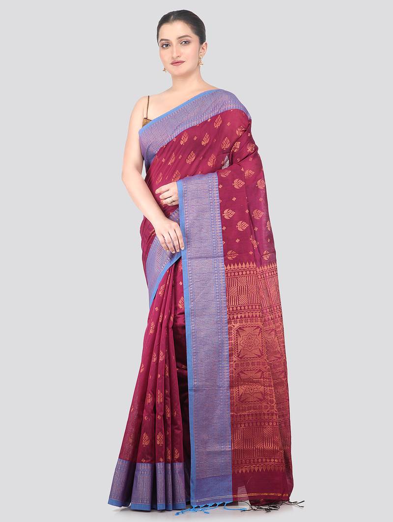 magenta handloom cotton bleand saree with blouse piece