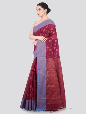 magenta handloom cotton bleand saree with blouse piece 2