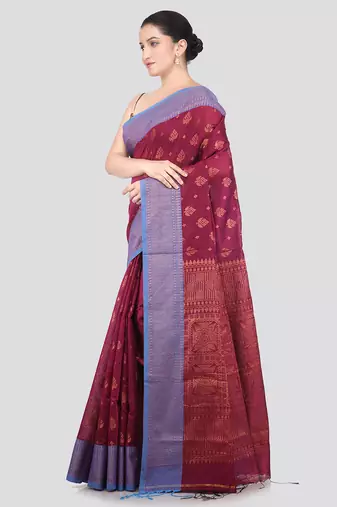 magenta handloom cotton bleand saree with blouse piece