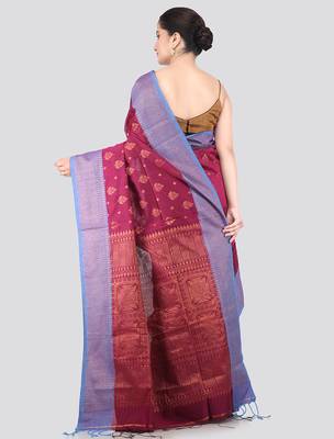 magenta handloom cotton bleand saree with blouse piece 3