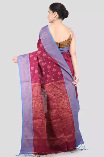magenta handloom cotton bleand saree with blouse piece